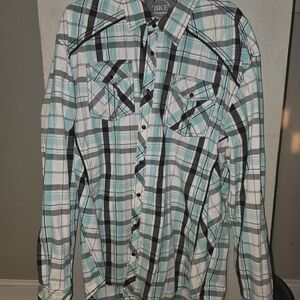 BKE Men's Casual Plaid Shirt - Teal and Black